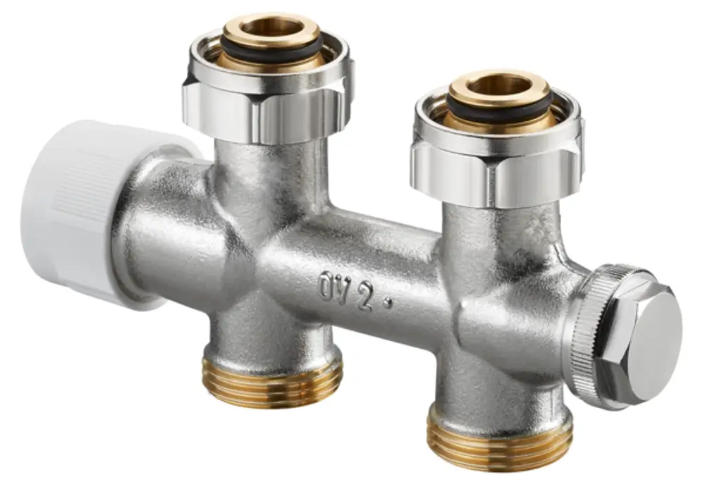 Oventrop Anschlusstechnik mit zwei Anschlüssen und einem Gewinde. Sichtbare Dichtungen und eine einstellbare Komponente für Durchflussregelung. Metallisch-graue Oberfläche.